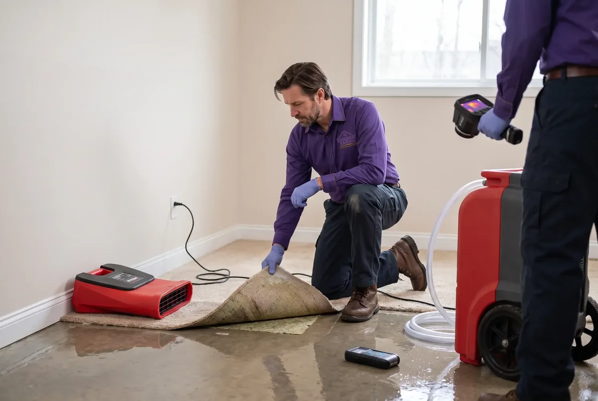 Technician folding back wet carpet and padding on a damp floor