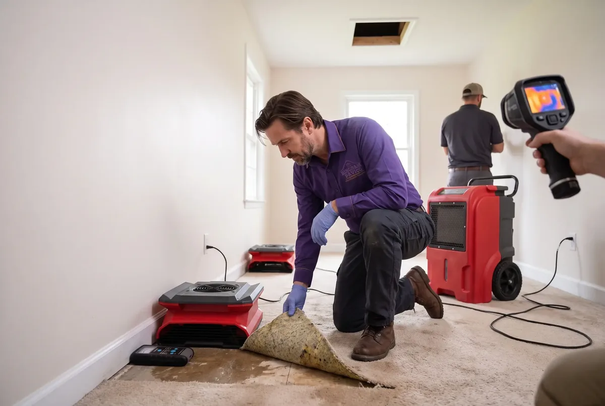 Technician lifting carpet padding in a bedroom with a dehumidifier running
